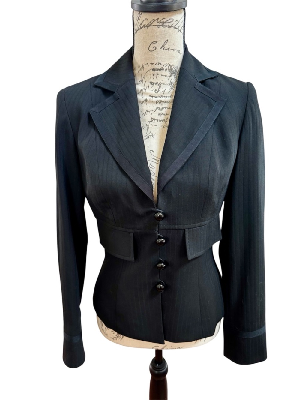 Etcetera Black Pinstripe Tailored Feminine Blazer 100% Wool Whimsigoth Wednesday